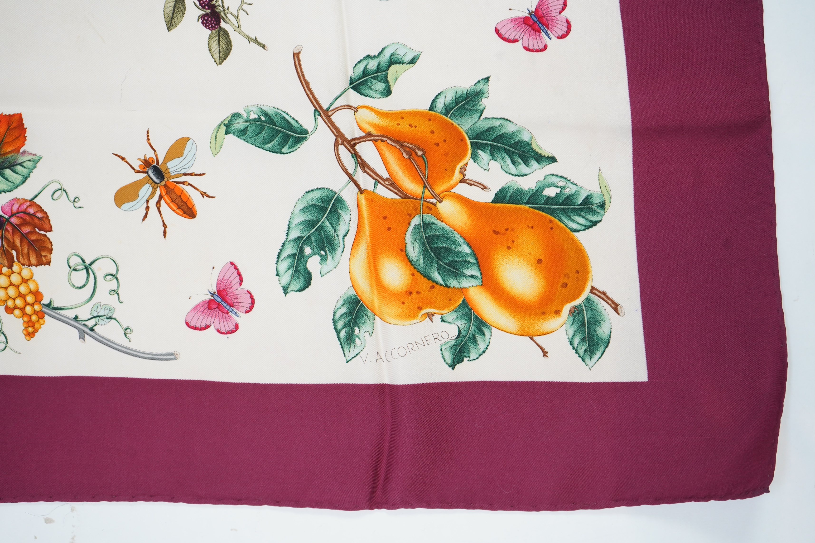 A Gucci Vittorio Accornero silk scarf with fruits and insects design, 87 x 86cm